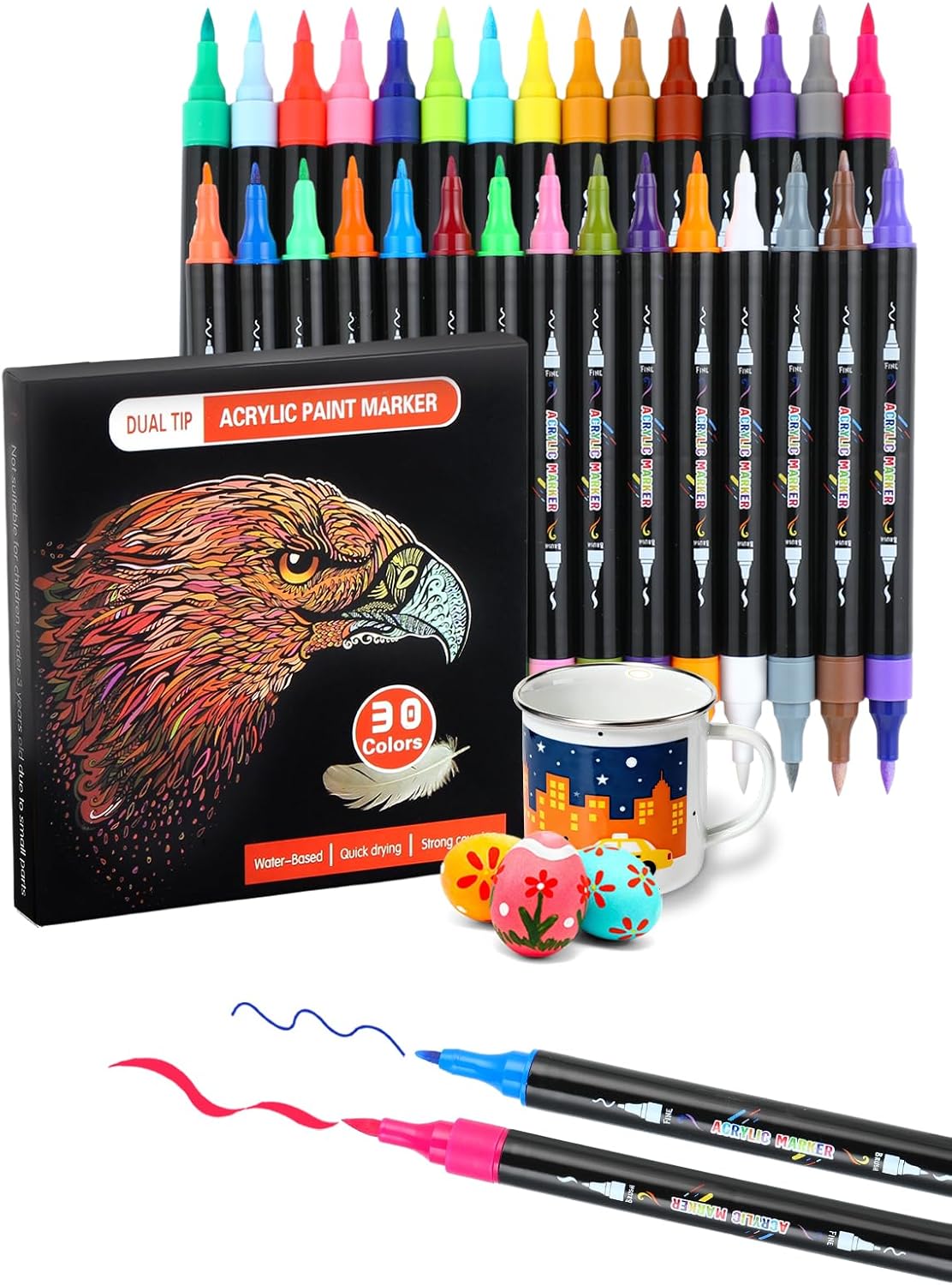 30 Colors Acrylic Paint Pens, Dual Tip Acrylic Paint Markers with Brush and Fine Tips for Kids and Adults, Wood, Canvas, Stone, Rock Painting, Glass, Ceramic Surfaces, DIY Crafts Making