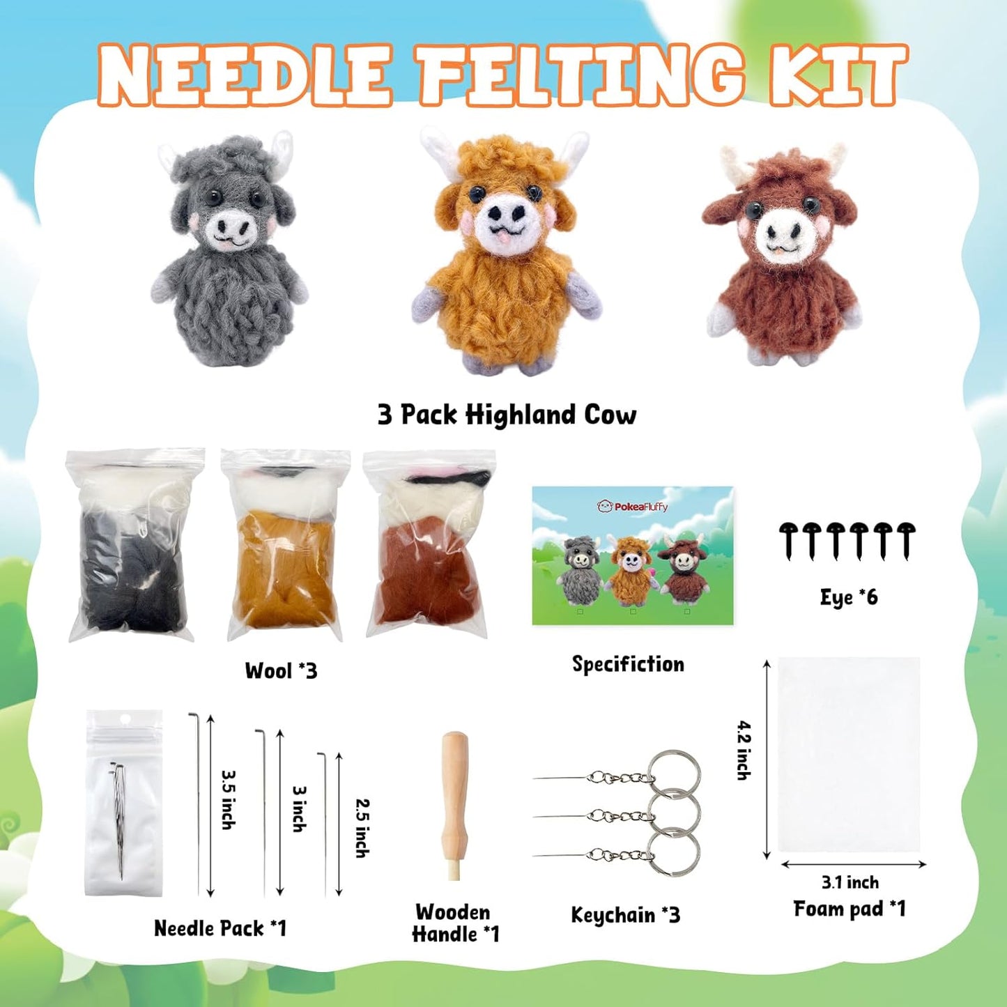 Needle Felting Kit, 3 Pcs Highland Cow Wool Needle Felting Kit for Beginners & Adult, Animal Doll Making Set with Video Instruction, Craft Party Supplies, Tools & Foam Pad, DIY Birthday Gift