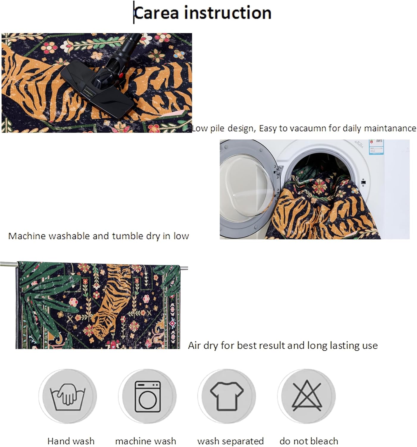 Oriental Tropical Washable Rugs, Thin Black Boho Vintage Distressed Hippie 4x6 Area Rugs for Living Room Bedroom Kitchen Entryway Dorm, Abstract Botanical Animal Tribal Indian Accent Carpet