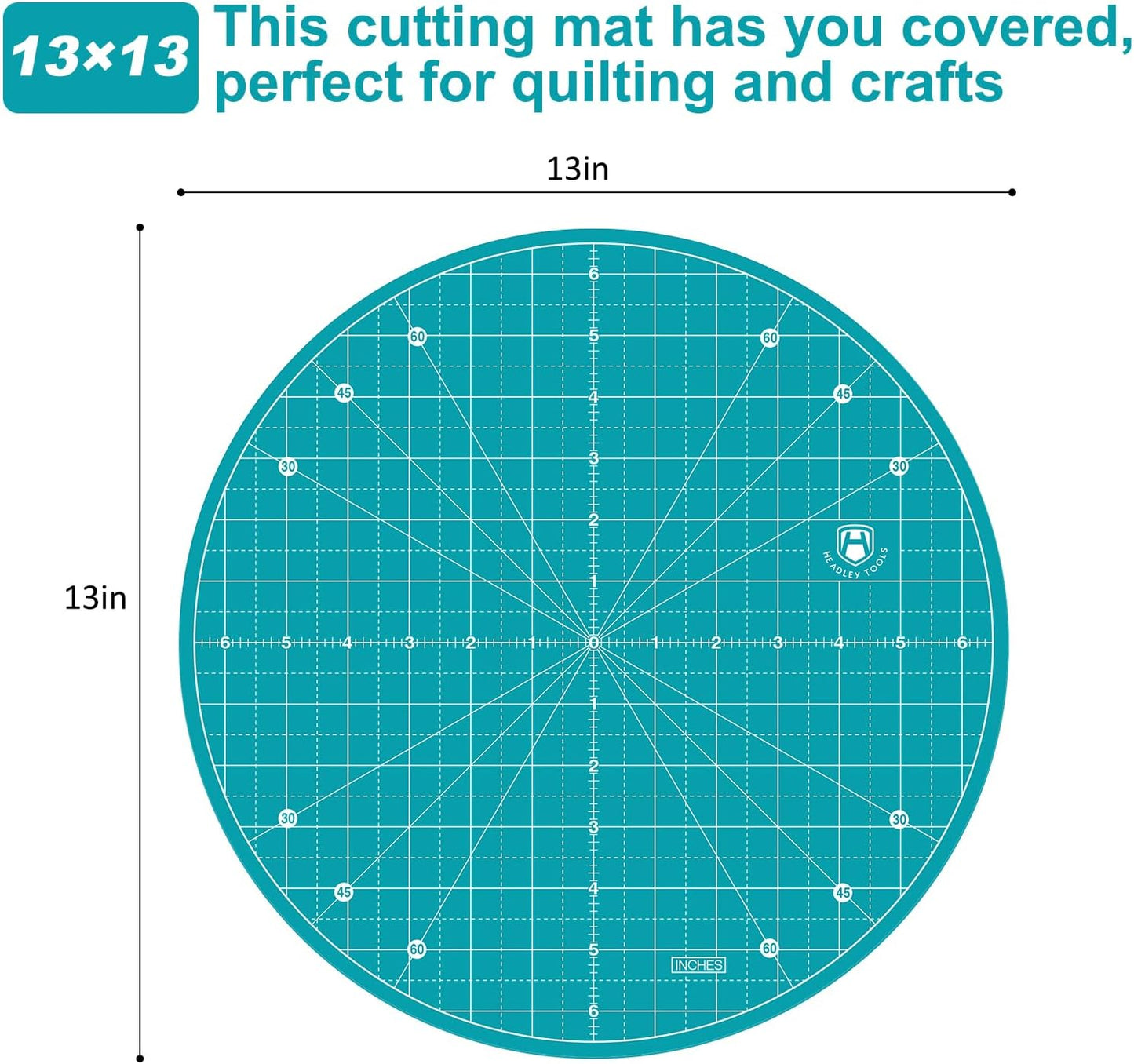 Headley Tools 13"x13" Round Rotating Cutting Mat, Self Healing Mat with 360-Degree Rotation & Anti-Slip Base, Sewing Board Cutting Mat Perfect for Fabric Quilting Leather Hobby Project, Turquoise