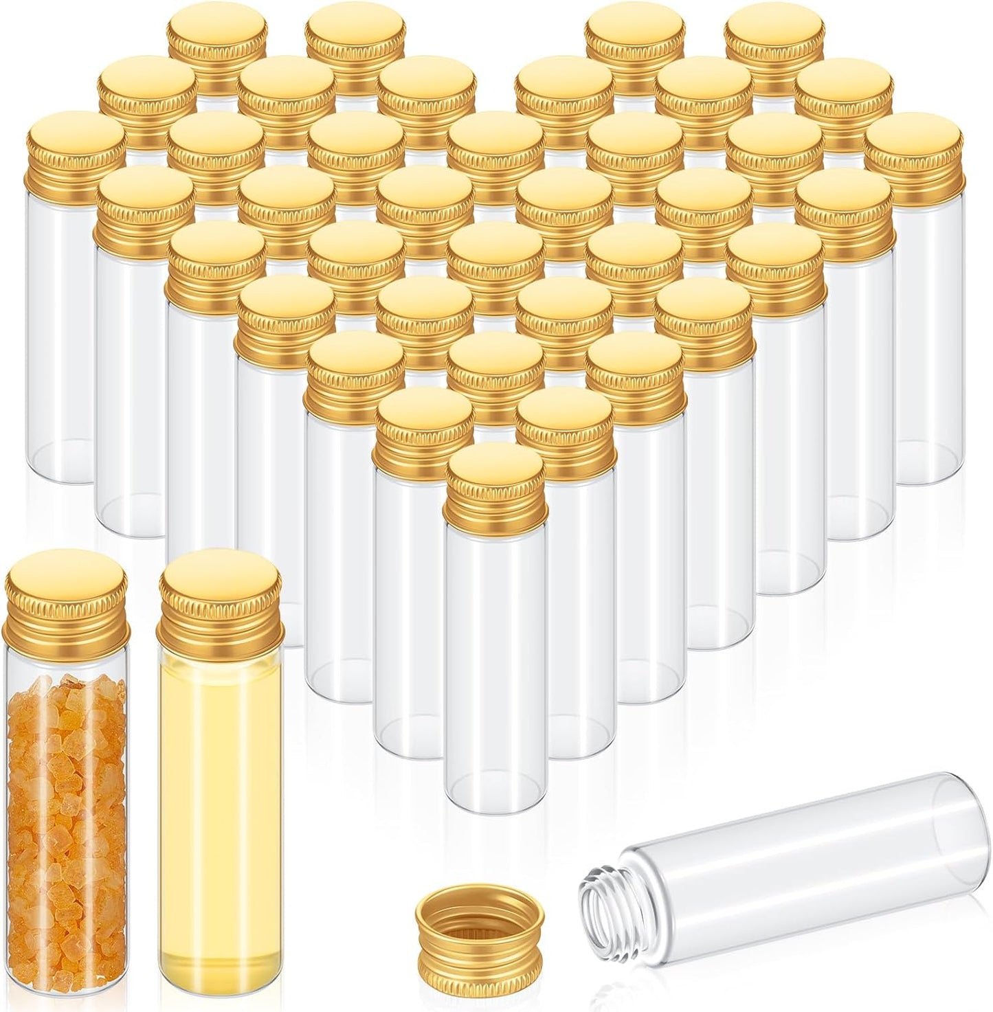 100 Pcs Small Clear Vials Spice Mini Jars with Lids Mini Glass Bottles with Screw Aluminum Metal Caps Tiny Jars Sample Containers for Powder Cream Cosmetic Jewelry Wedding (20 ml,Gold Caps)