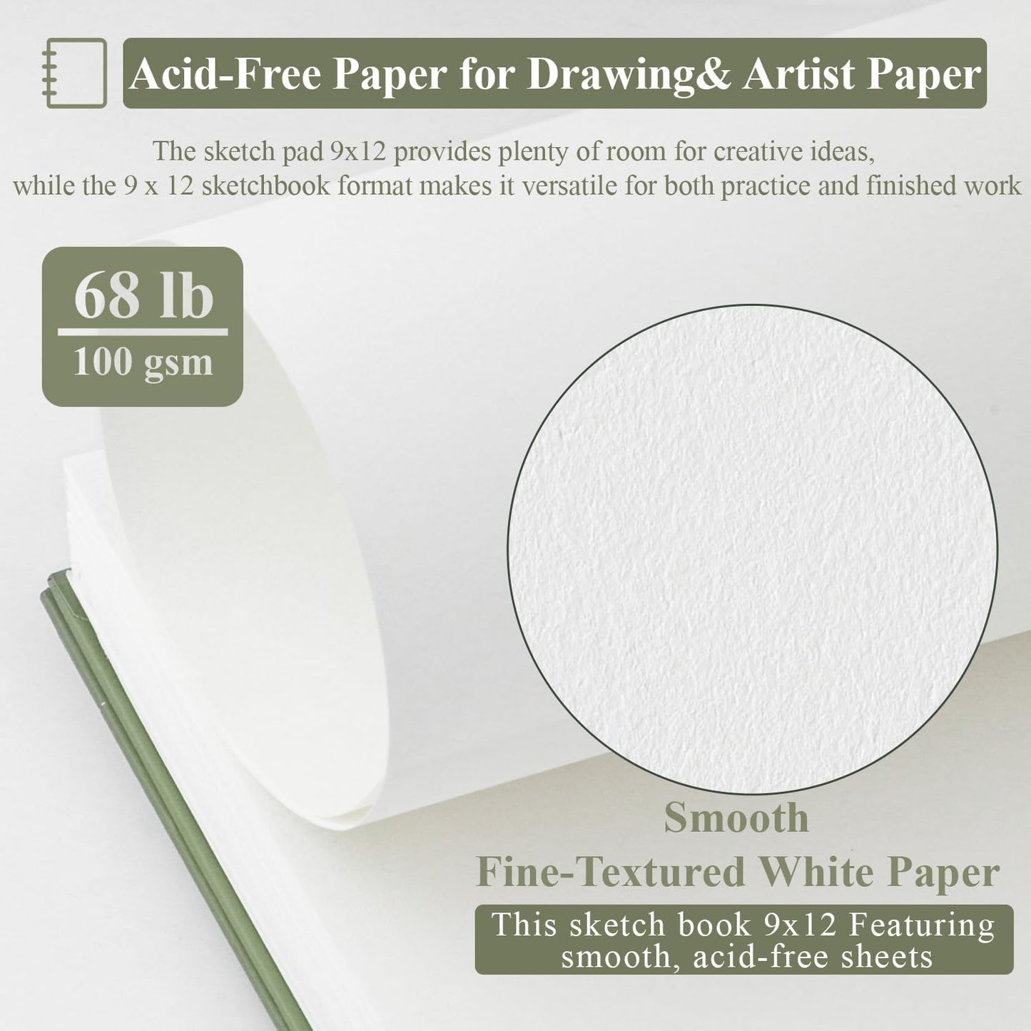 9 x 12 Sketchbook, 68lb/100gsm Sketch Pad 100 Sheets Spiral Bound Acid Free Drawing Paper with Hard Cover Art Paper for Drawing and Painting for Graphite Pencil, Charcoal, Pastels, for Kids & Adults