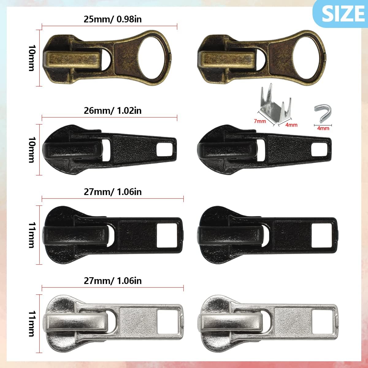 24 Pcs #5#7 Zipper Sliders Replacement Zipper Pull Repair Kit Includes Top and Bottom Stoppers for Clothing Bags Purses Luggage Metal Plastic Nylon Coil Jacket Zippers Supplies