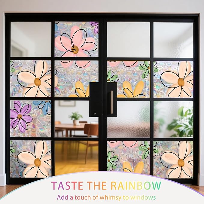 Daisy Flower Stained Glass Window Film Static Cling with Tools - 35.4 x 157.4 Inch Non-Adhesive Privacy Decorative Cute Rainbow Film for Windows, Doors, Sidelights - Easy Install & Remove