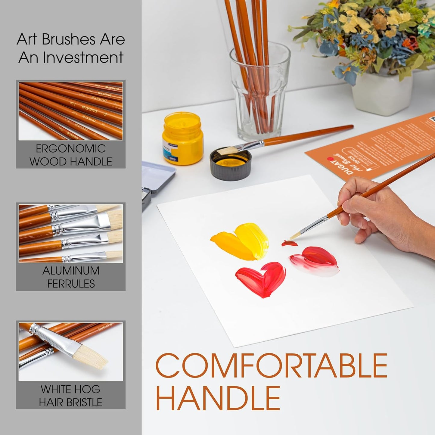 DUGATO 10pc Flat Hog Bristle Paint Brush Set - Short Handle Artist Brushes for Acrylic, Oil, Gouache, Watercolor - Canvas, Fabric & Craft Painting