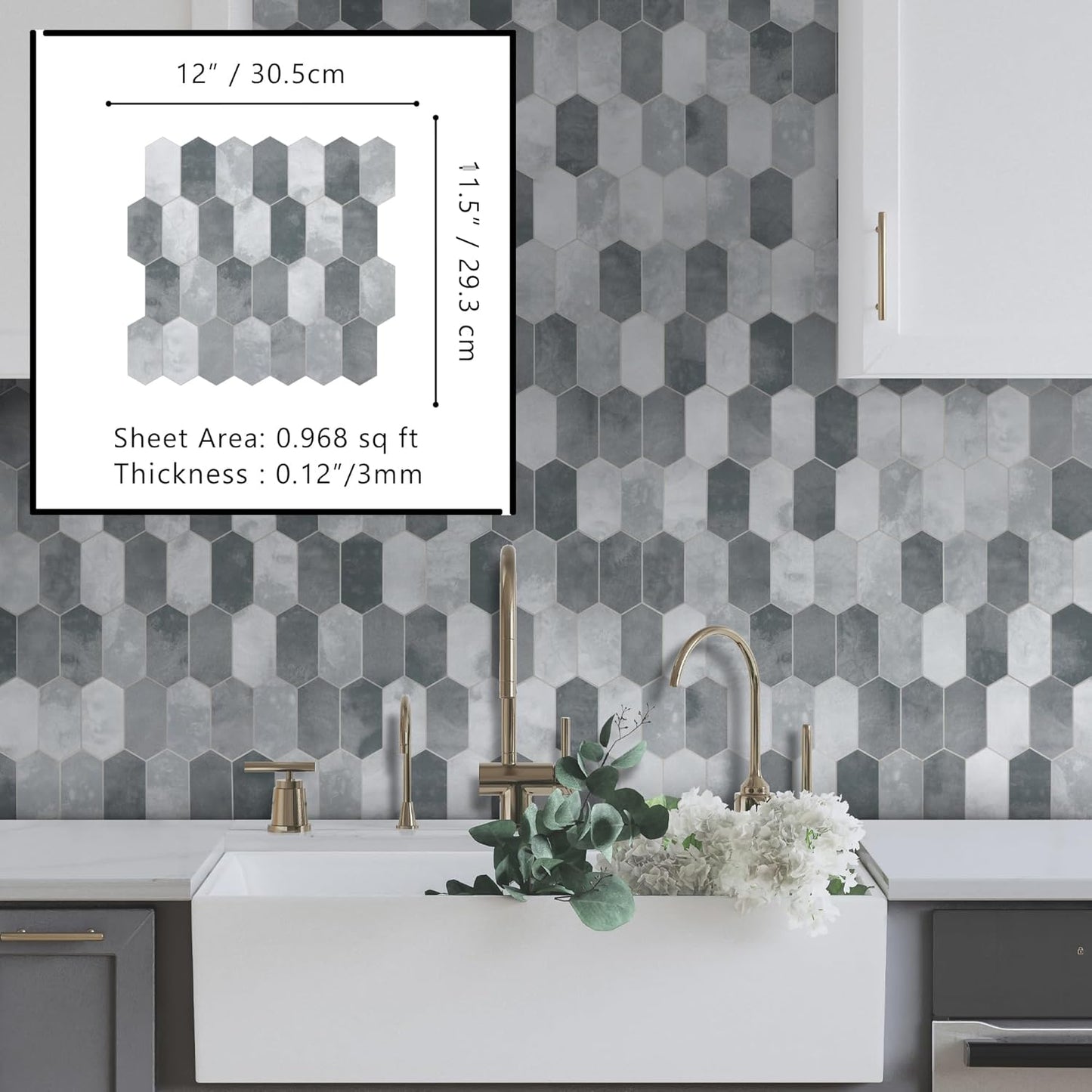 The Tiles Plaza 10-Sheet Peel and Stick Backsplash, Grey Cement Long Hexagon Self Adhesive Wall Tile, Stone Composite Stick On Decorative Mosaic Tile for Kitchen Bathroom Fireplace