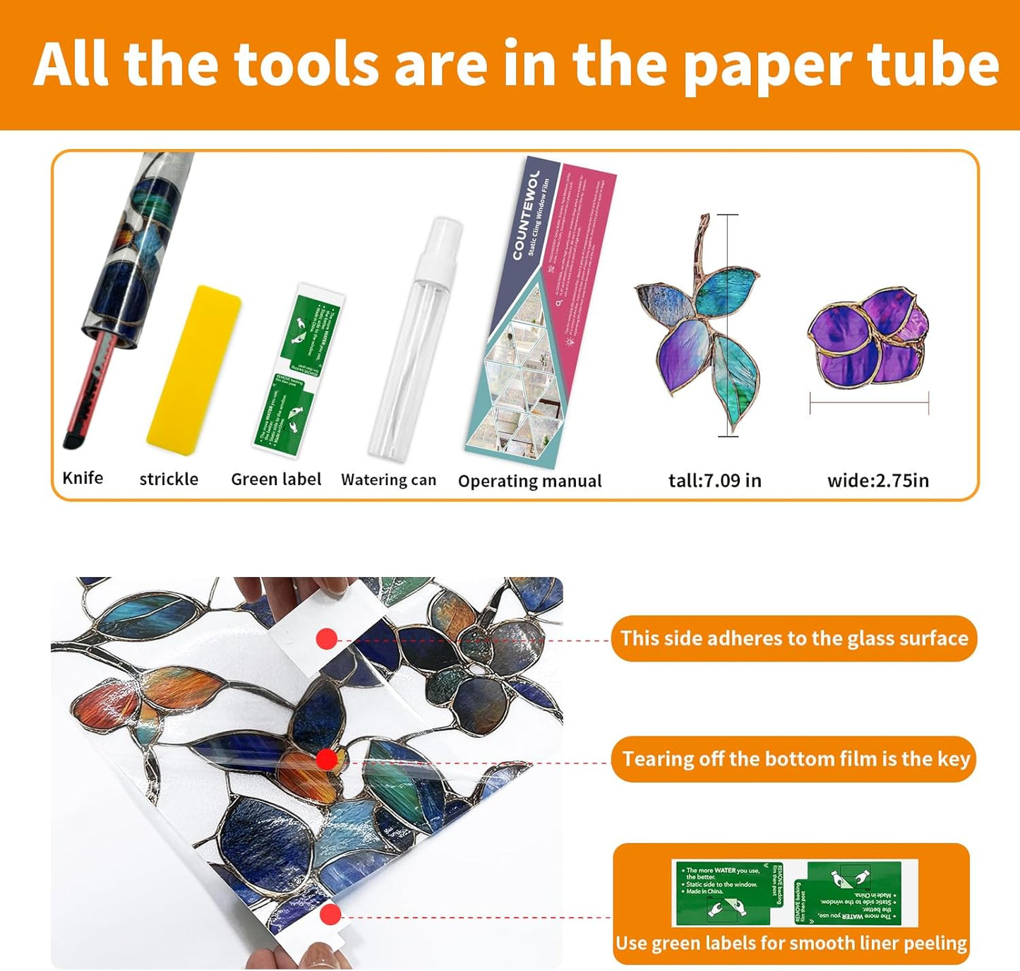 Window Privacy Film Stain Glass Window Film Rainbow Window Film Window clings Non-Adhesive Reusable Decorative for Room (Frosted Stained Leaf, 35.4 x 78.7 in)