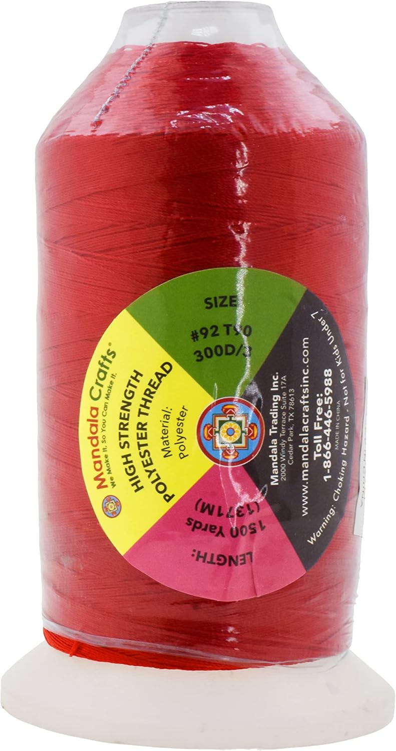 Mandala Crafts Red Heavy Duty Thread -1500 Yds Tex 90 Thread for Sewing Drapery Jeans Leather Hair - Bonded Polyester Thread Outdoor Marine Upholstery Threads
