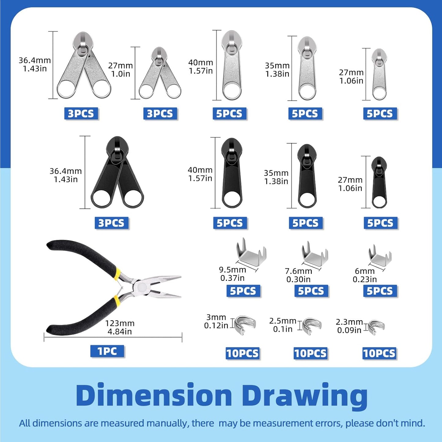 Glarks 85pcs #3#5#8 Zipper Repair Kits Includes 39pcs Metal Zipper 30pcs U Shape Top Stops 15pcs Bottom Stoppers with 1pcs Sharp-Nosed Pliers, Zipper Sliders Zipper Pull Replacement Zip Fixer Part