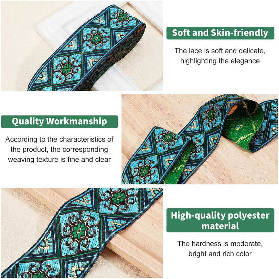 PH PandaHall 7 Yards Jacquard Ribbon Trim 2 Inch Boho Embroidered Woven Lace Ribbon Fabric Vintage Flowers Straps Fabric Bias Tape for Bohemian Persian Clothes Bag Holiday Christmas Decor Gift Wrap