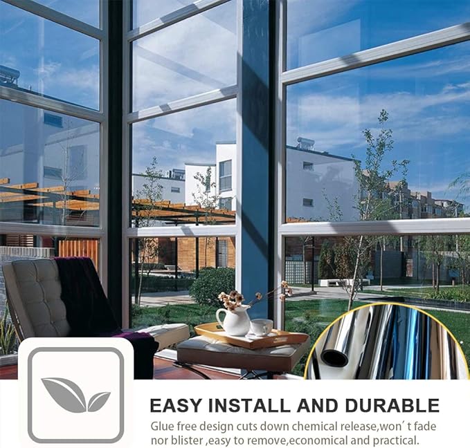 Window Privacy Film One Way Daytime Mirror Tint Treatments UV Heat Control Vinyl Stickers Sun Block Glass Paper Door Covering Reflective (Black Silver, 41.3 Inch x 7.8 Feet)