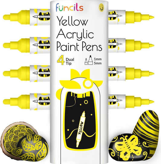 4 Dual Tip Yellow Paint Pen Metallic - Fine Tip & Medium Acrylic Paint Markers - Yellow Marker for Metal, Wood, Rock Painting, Canvas, Ceramic, Glass, Fabric, Leaf and Plastic - Water-based Ink