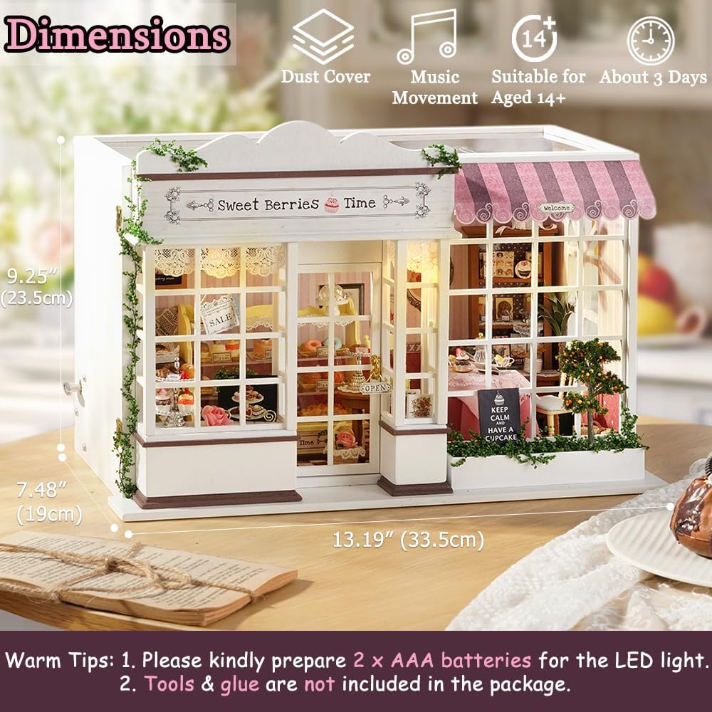 TuKIIE DIY Miniature Dollhouse Kit with Furniture, 1:24 Scale Creative Room Opened & Closed Wooden Doll House Plus Dust Proof & Music Movement for Kids Teens Adults(Sweet Berries Time)
