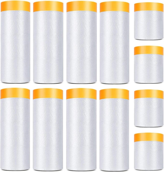 12 Pack Tape and Drape, 3 Sizes Pre-Taped Masking Film Plastic Sheeting Cover Roll, 65.6 Ft/Pack Automotive Painters Masking Tape Film for Furniture, Floor, Skirting