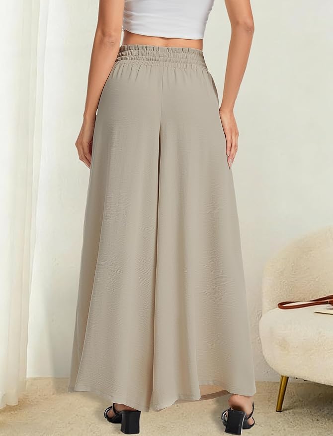 Women’s Wide Leg Pants Drawstring Elastic Waist Casual Trousers Lightweight Loose Lounge Pants with Pockets