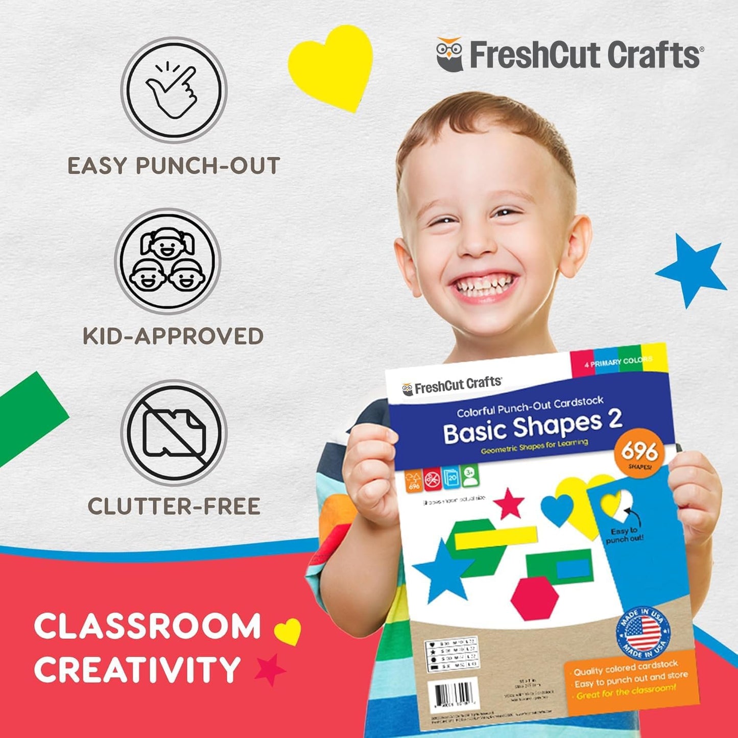 Basic Shapes 2: Hearts, Stars, Hexagons, Rectangles, 696 Pieces US Made Card Stock Punch Out Geometric Shapes in 3 Sizes and 4 Primary Colors for Math, Pattern Play and DIY Crafting