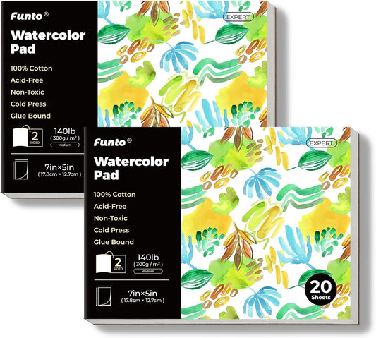 Funto Watercolor Pads, 2 Packs, 100% Cotton, 20 Sheets Each, 7x5, 140lb/300gsm, Glue Bound, Easy Tear Heavyweight Art Paper for Painting