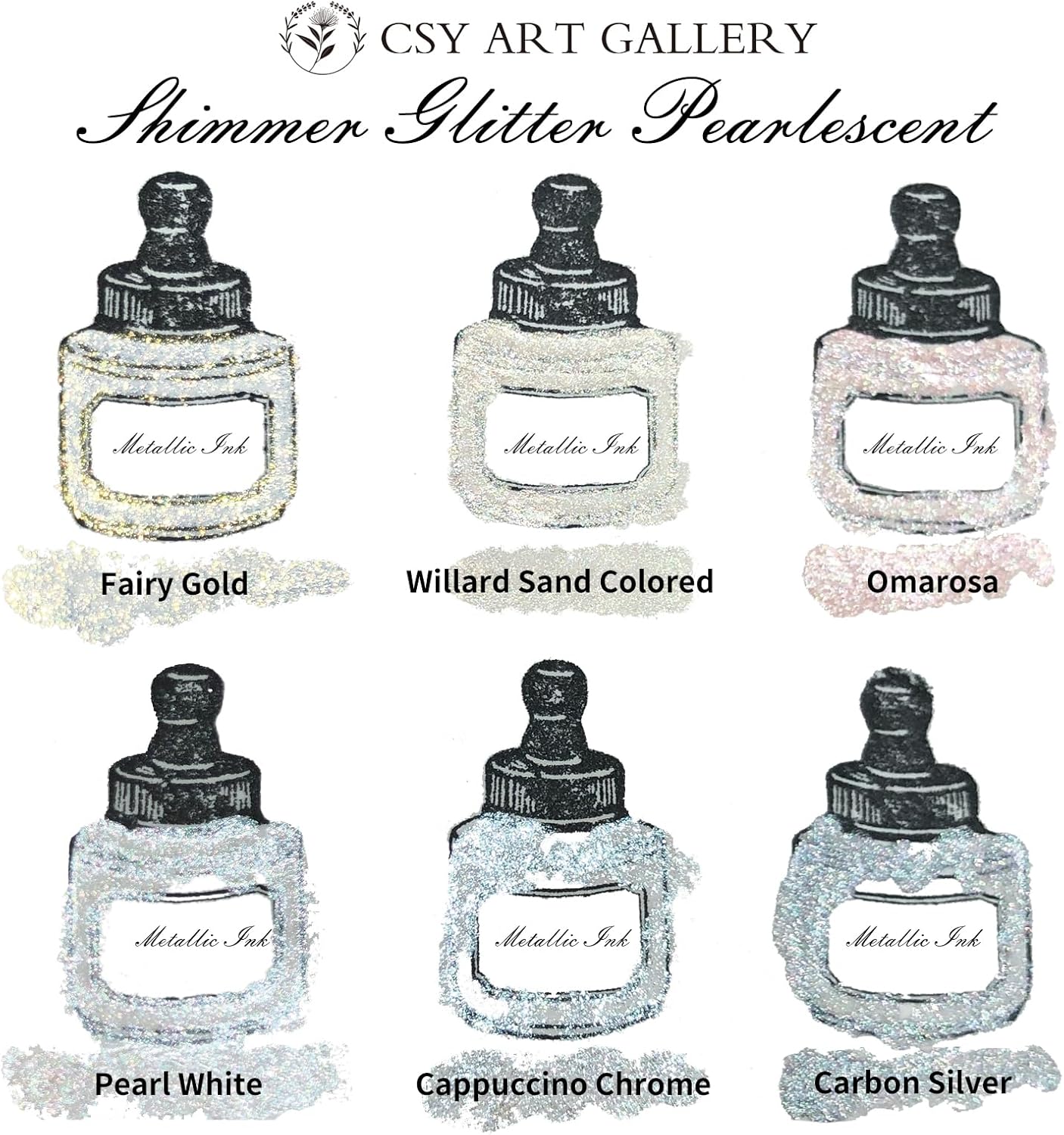 CSY art gallery Metallic -Pearlescent-Glitter Acrylic Ink -Shining Calligraphy Paint -Silver, Rose Gold Rich Pigments Perfect for Artists, Canvas, Rocks, Wood, Fabric, Ceramic (Galaxy Starlight Set)