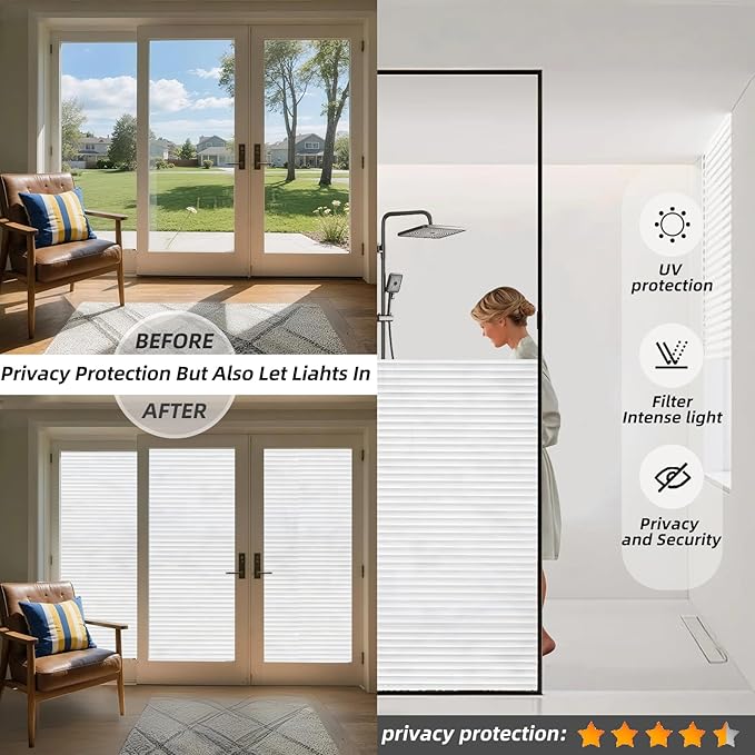 Frosted Glass Window Privacy Film Decorative, Bathroom Window Privacy Film for Glass Windows Cover, Static Cling, Removable, Reusable, Anti-UV, Heat Blocking, with Tools 29x157inch