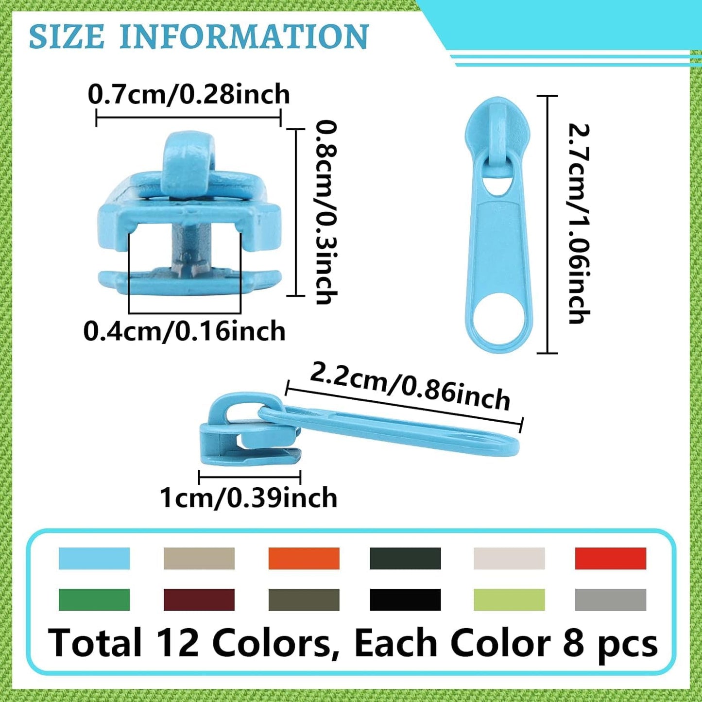 DOITEM 96Pcs Zipper Repair Kit - 12 Colors, 3# Zipper Pulls, Rescue Kit for Clothing, Jackets, Purses, Luggage, Backpacks