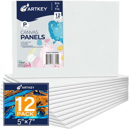 Artkey Canvas Boards 5x7 Inch 12-Pack, 10 oz Primed 100% Cotton White Blank Canvases for Painting, Art Paint Canvas Panels for Acrylic Oil Watercolor Tempera Paints