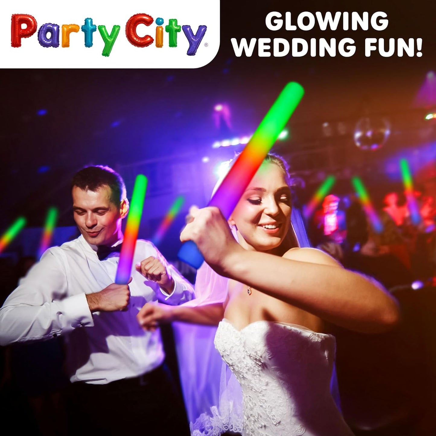 Party City 12pk LED Foam Glow Sticks 14”- Glow in the Dark Party Supplies Favors, Colorful Flashing Wand with 3 Modes, Foam Light Up Sticks Bulk Party Pack for Wedding, Birthday, Concert, Halloween