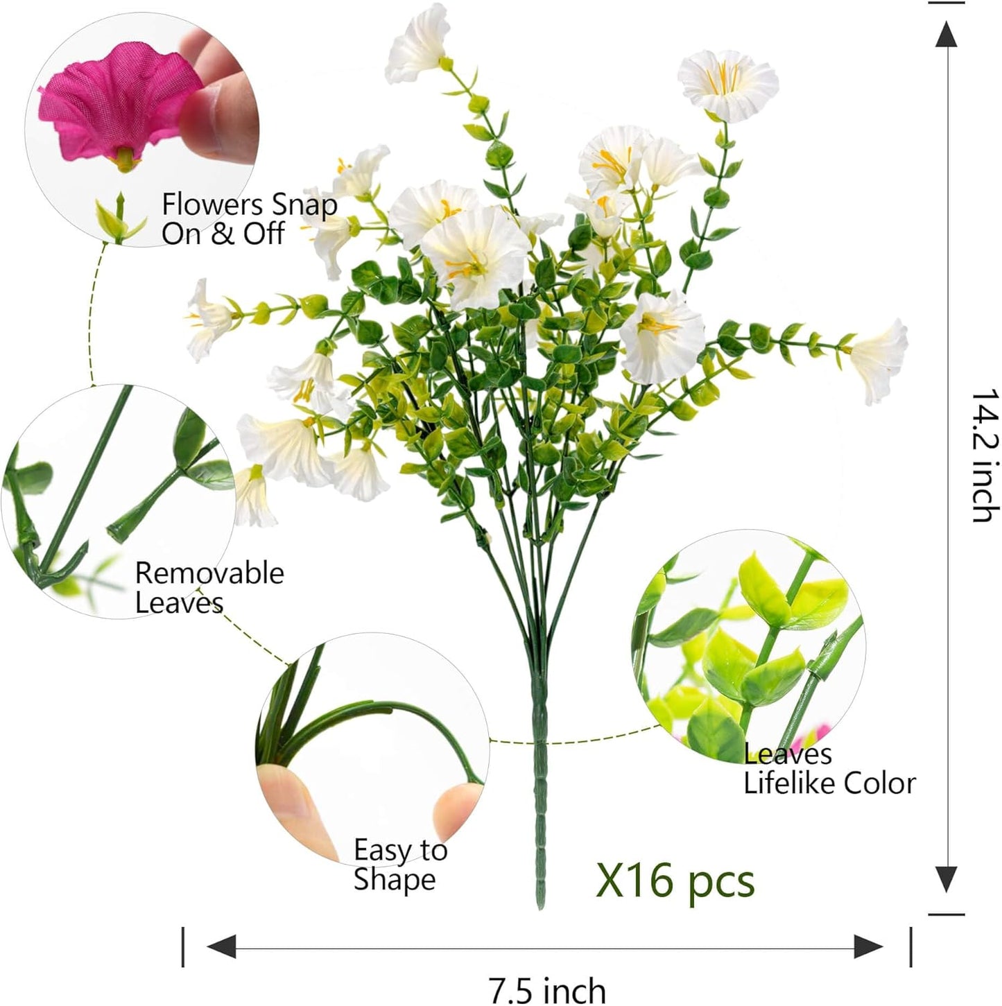 Artificial Fake Flowers For Outdoor Outside Decoration,16 Bundles UV Resistant Faux Plastic White Flowers with Green Eucalyptus Stem Plants Bulk Look Real for Home Porch yard Patio Planters (White)