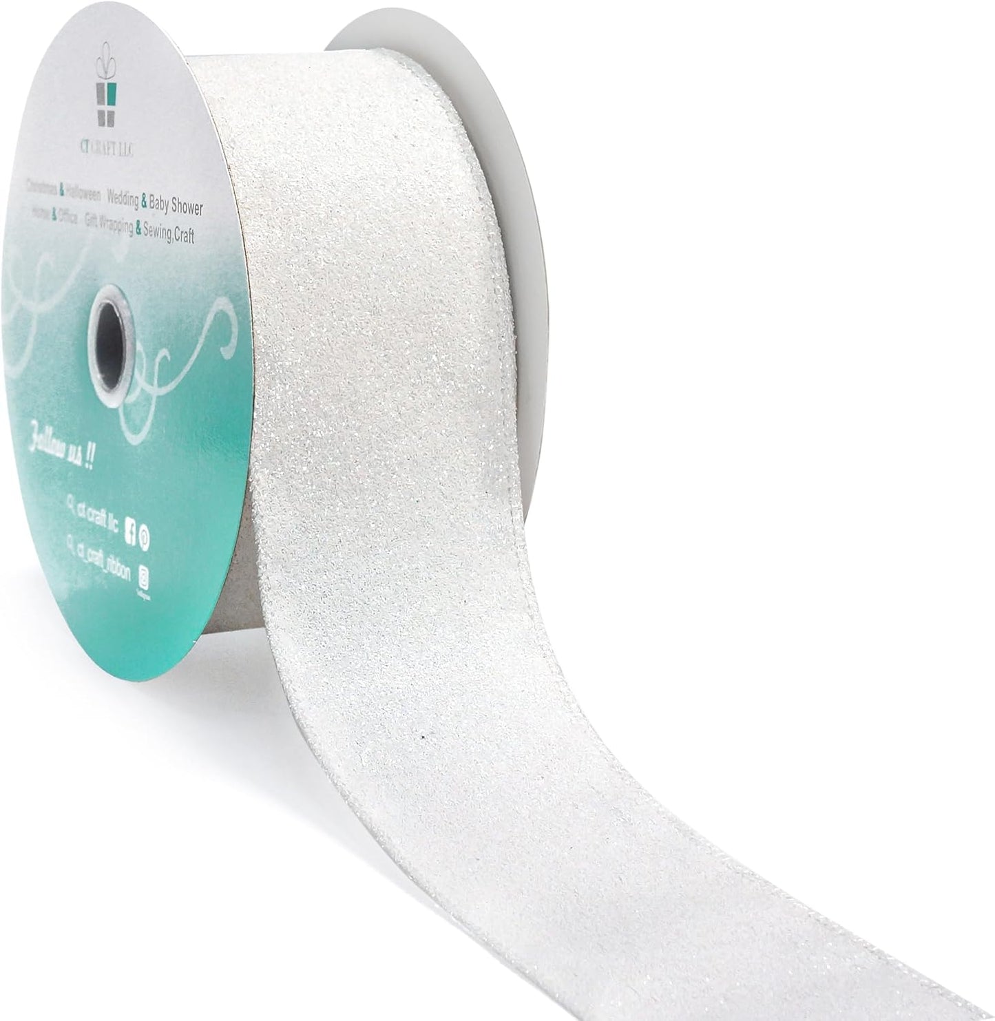 CT CRAFT LLC Glitter Wired Ribbon 2.5" x 20 Yards White for Christmas Home Decor Bow Gift Wrapping DIY Crafts Wreath