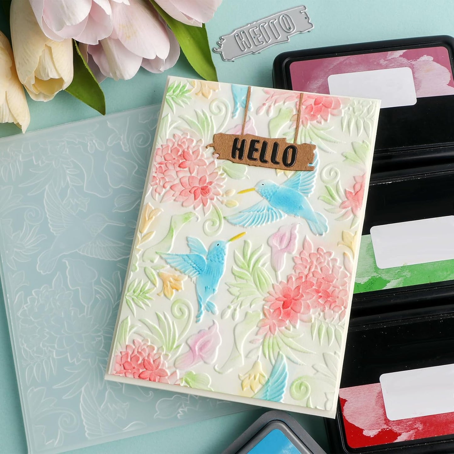BAOFALI 3D Hummingbird and Flowers Embossing Folders for Card Making,Plastic Texture Fades Embossing Template Paper Card Embossing Stencil for DIY Scrapbooking Photo Album Card Paper Craft Decoration