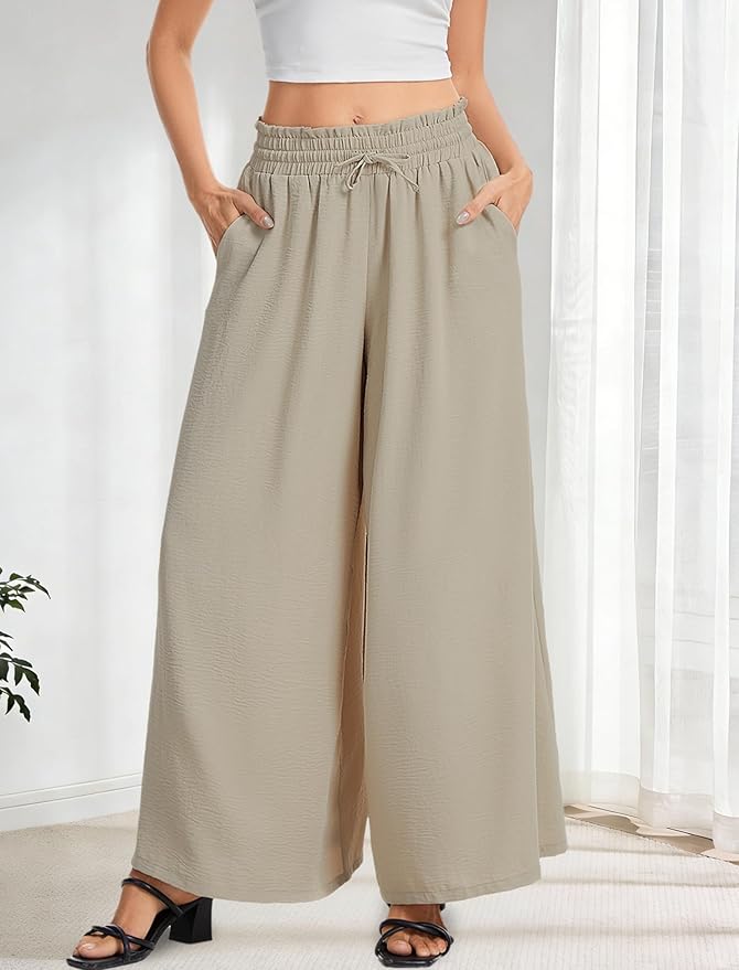 Women’s Wide Leg Pants Drawstring Elastic Waist Casual Trousers Lightweight Loose Lounge Pants with Pockets