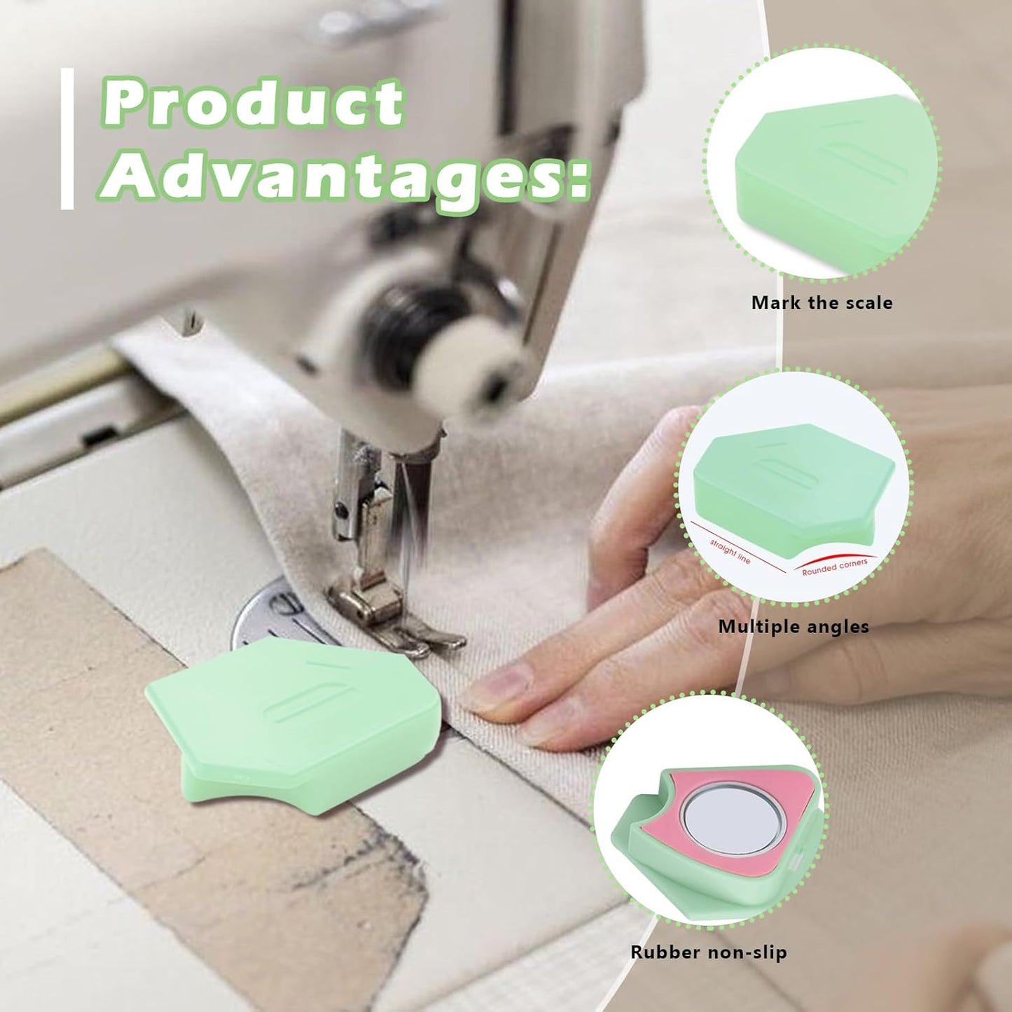 Pcmursal 4 Pieces Magnetic Seam Guide for Sewing Machine, Upgraded Multi-Purpose Tool Polygonal Magnetic Seam Guide with Scale, Sewing Supplies and Accessories (Green)