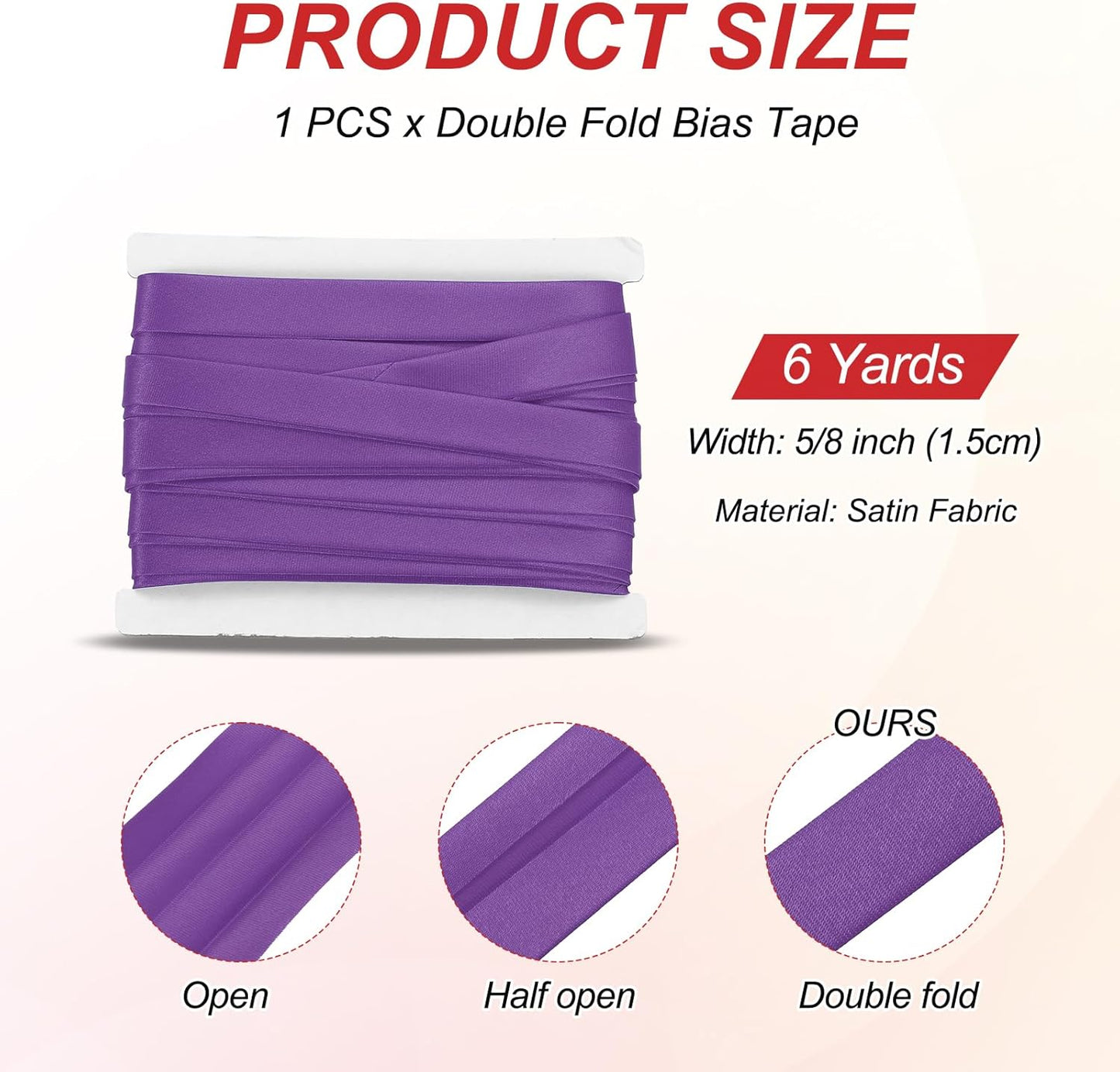 MECCANIXITY Double Fold Bias Tape for Sewing 5/8 Inch x 6 Yards Satin Pre-fold Continuous Binding Tape for Seaming Quilting Hemming Binding DIY Crafts, Purple