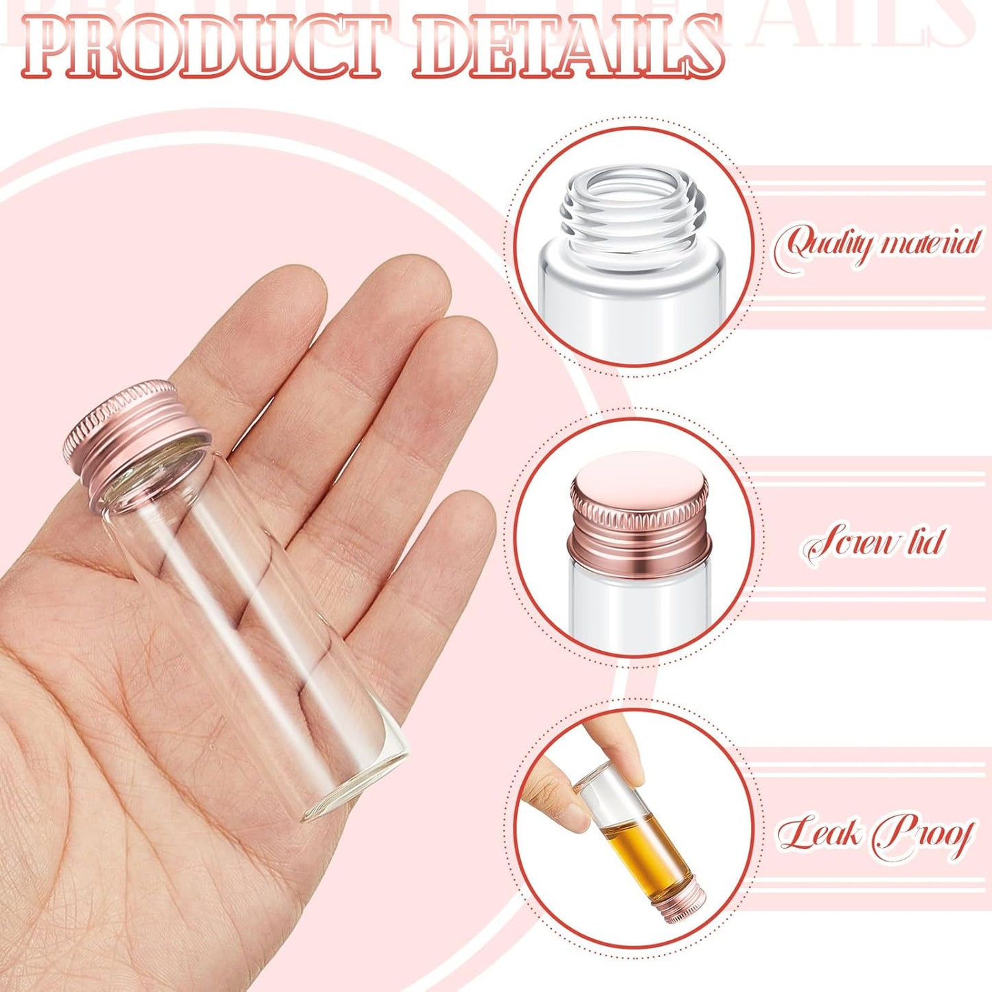100 Pcs Small Clear Vials Spice Mini Jars with Lids Mini Glass Bottles with Screw Aluminum Metal Caps Tiny Jars Sample Containers for Powder Cream Cosmetic Jewelry Wedding (15 ml,Rose Gold)