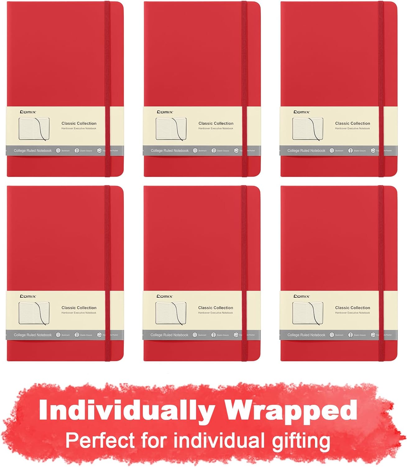 Comix 6 Pack Lined Journal Notebooks for Work, 240 Pages, 5.5"x8.3", Red, Hardcover, A5 Medium College Ruled, Journaling Notebooks for Notes-taking, Fits for Office School Home