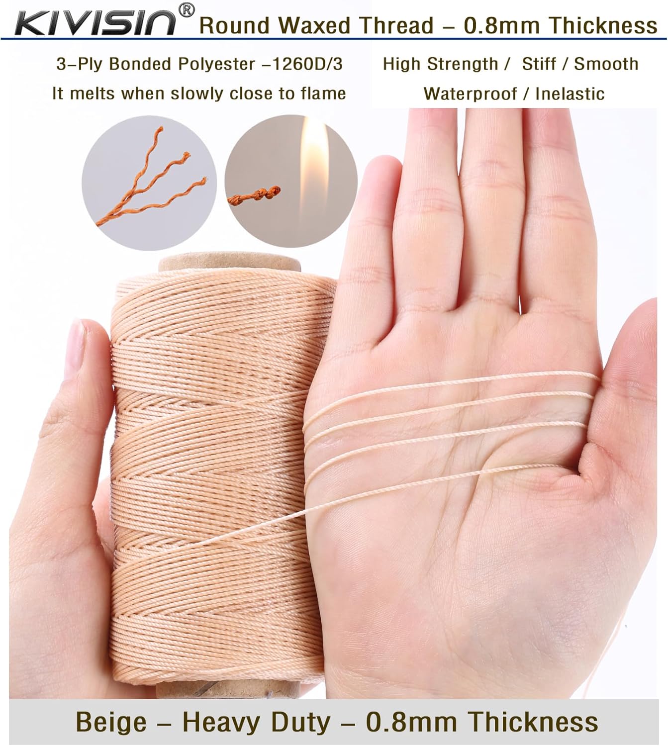 Bonded 0.8mm Round Waxed Polyester Cord, 3-ply Wax Coated Thread, 197 Yards Stiff String for Heavy Duty Fabric, Leather Sewing, Book Binding, Upholstery Repair, and Macrame Jewelry - Beige