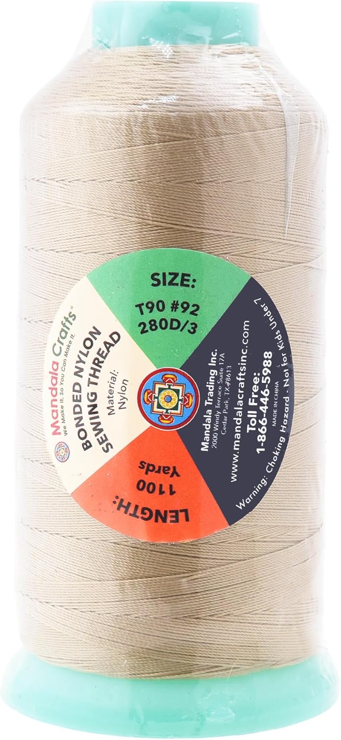 Mandala Crafts Bonded Nylon Thread Cream Heavy Duty Sewing Threads - 1100 YDs Size 92 280D T90 Tex 90 Thread for Leather Jeans Weaving Outdoor Marine Upholstery Threads