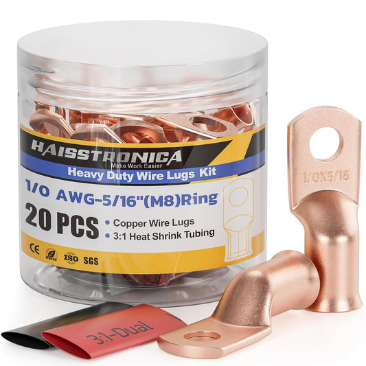 haisstronica 10pcs 1/0 AWG - 5/16"(M8) Battery Cable Lugs, Heavy Duty Copper Wire Lugs with 10pcs 3:1 Adhesive Heat Shrink Tubing, 0Gauge Wire Connectors Battery Terminal Connector, Battery Cable Ends