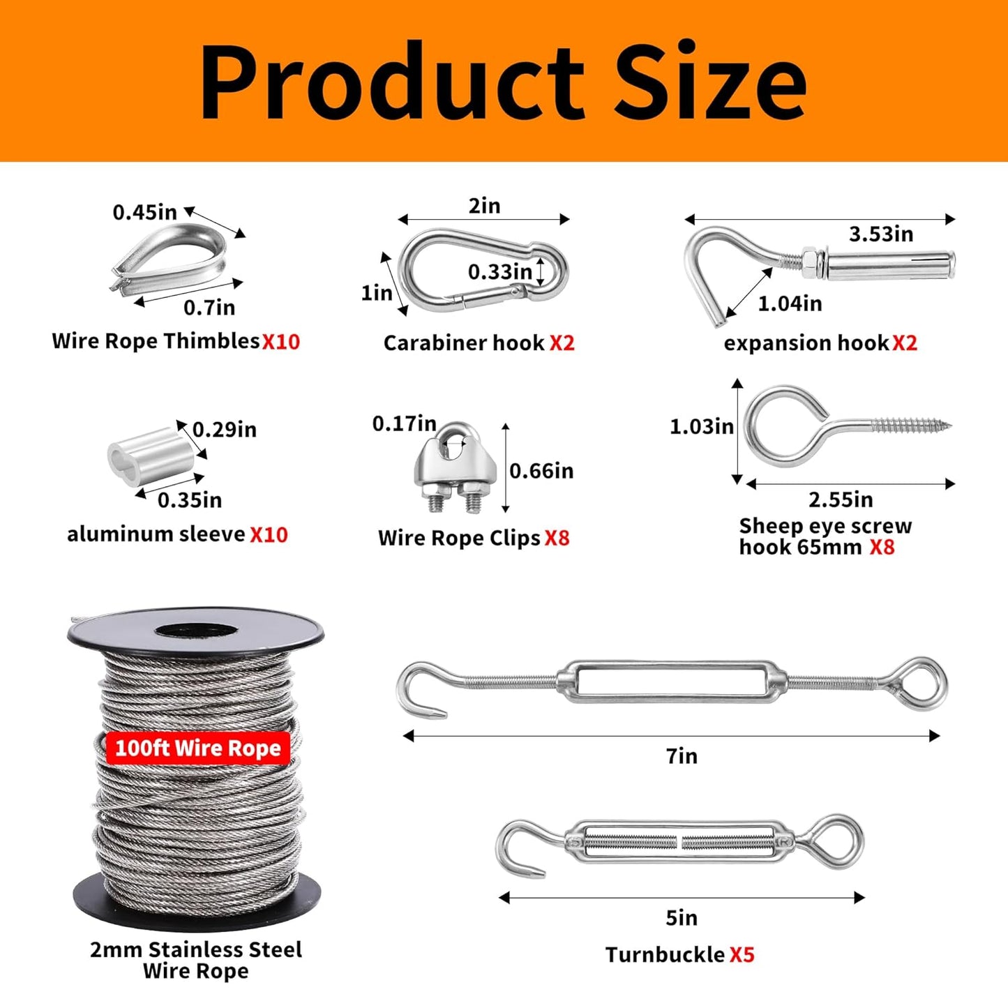 1/16" Wire Rope Kit,30M/100FT Vinyl Coated 304 Stainless Steel Cable,String Light Hanging Kit with Turnbuckle for Outdoor,Garden Wire(55 Pack)