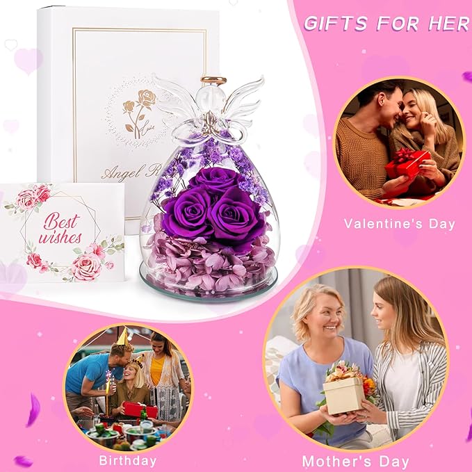 Beferr Valentines Day Rose Gifts for Her Women Mom Gifts for Birthday, Fresh Flowers for Delivery Forever Preserved Rose in Glass Angel Figurine, for Grandma Wife Daughter Girlfriend