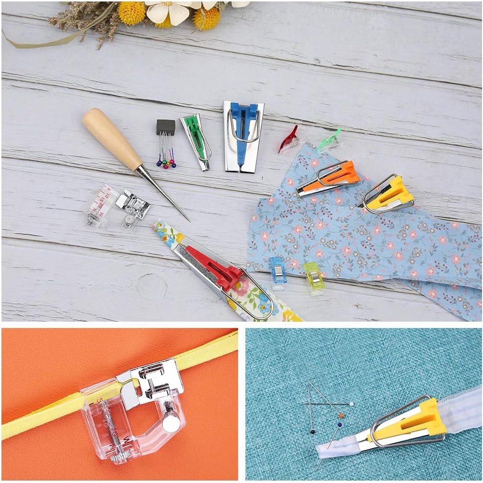 LUNARM Bias Tape Tool Kit with Instruction, 5 Sizes Bias Tape Maker (6mm 9mm 12mm 18mm 25mm) with 4 Pcs Sewing Machine Presser Foot, Sewing Clips, Ball Point Pins, Awl, for Fabric Sewing and Quilting