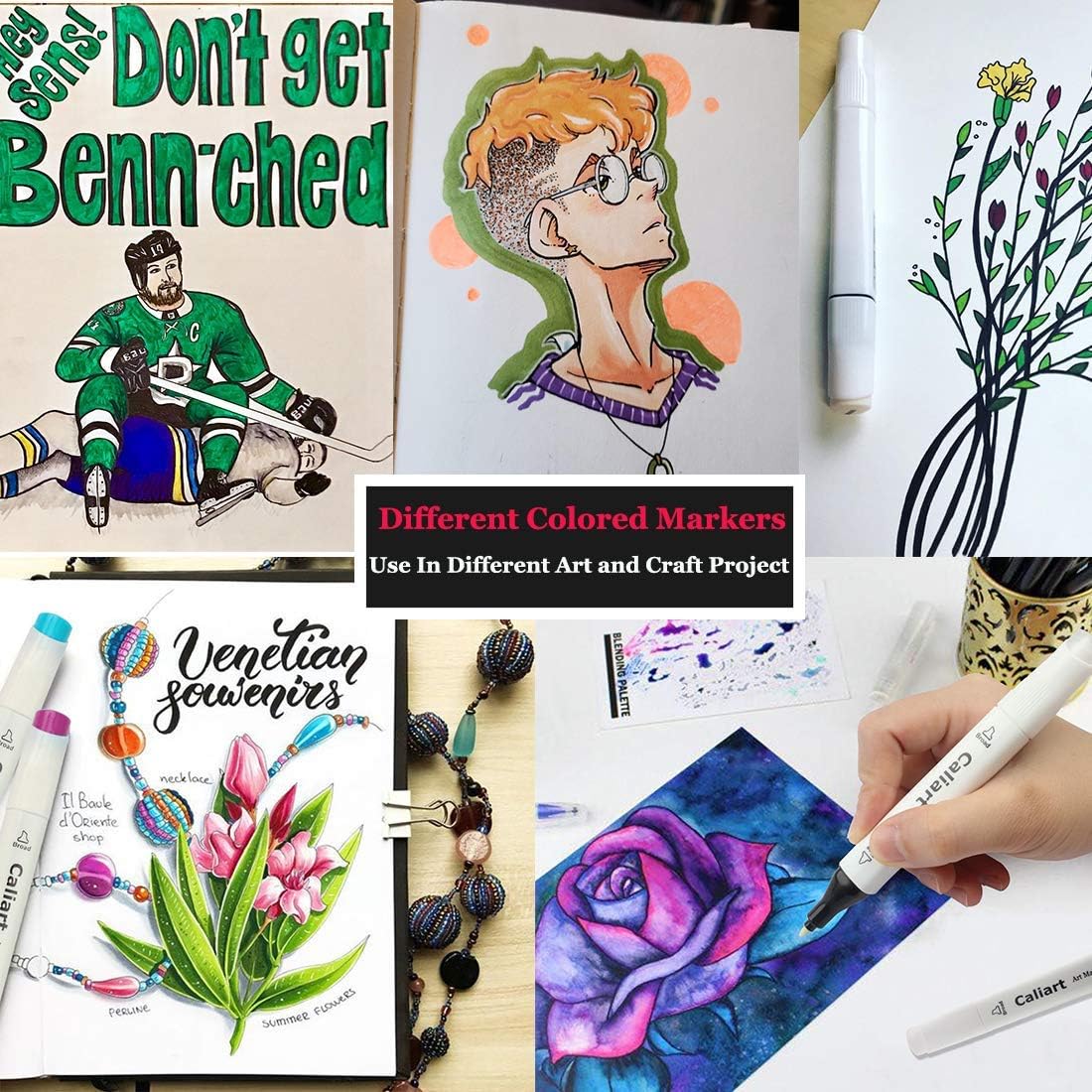 Caliart Markers, 100 Colors Dual Tip Art Markers Sketch Pens Permanent Alcohol Based, with Case for Adult Artist Halloween Drawing Sketching (Black Barrel)