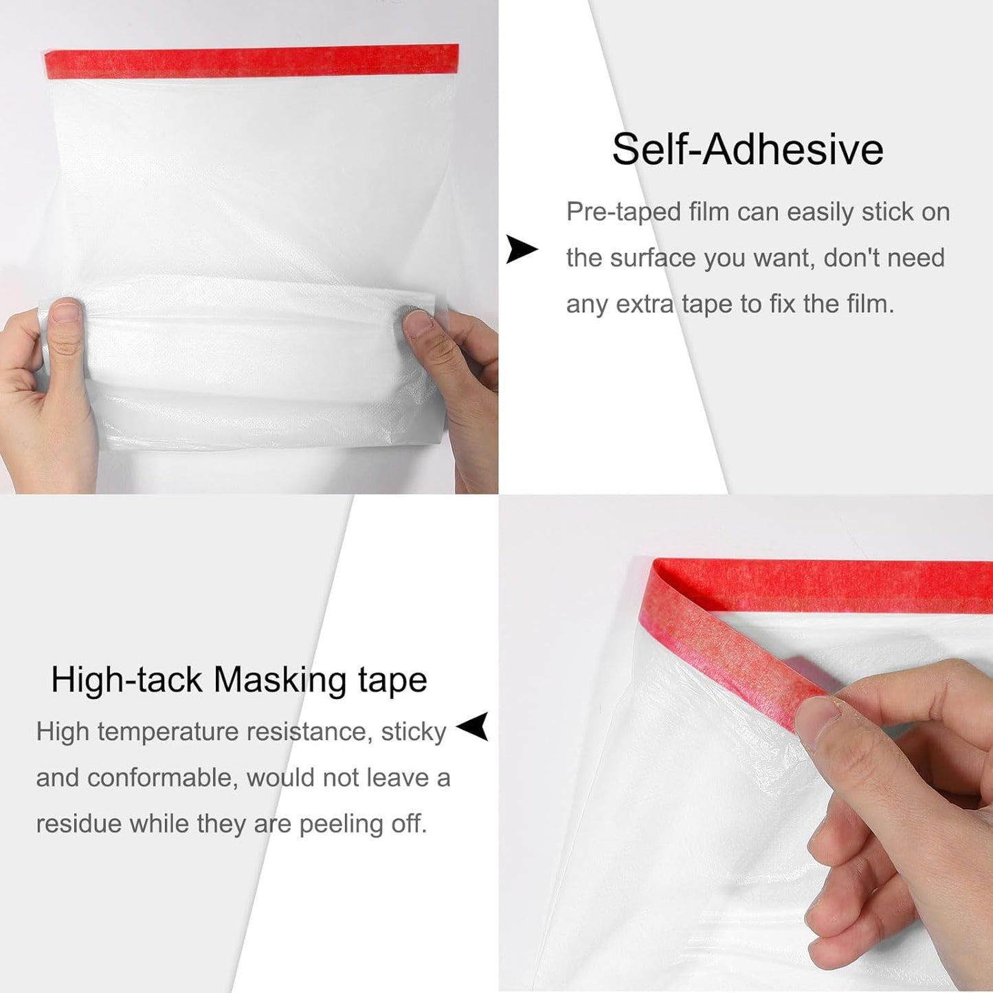uxcell Pre-Taped Masking Film, 7.9ft x 66ft High-Tack Painters Tape Plastic Drop Cloth with High-Tack Painters Tape for Painting Protection Red 4Pcs