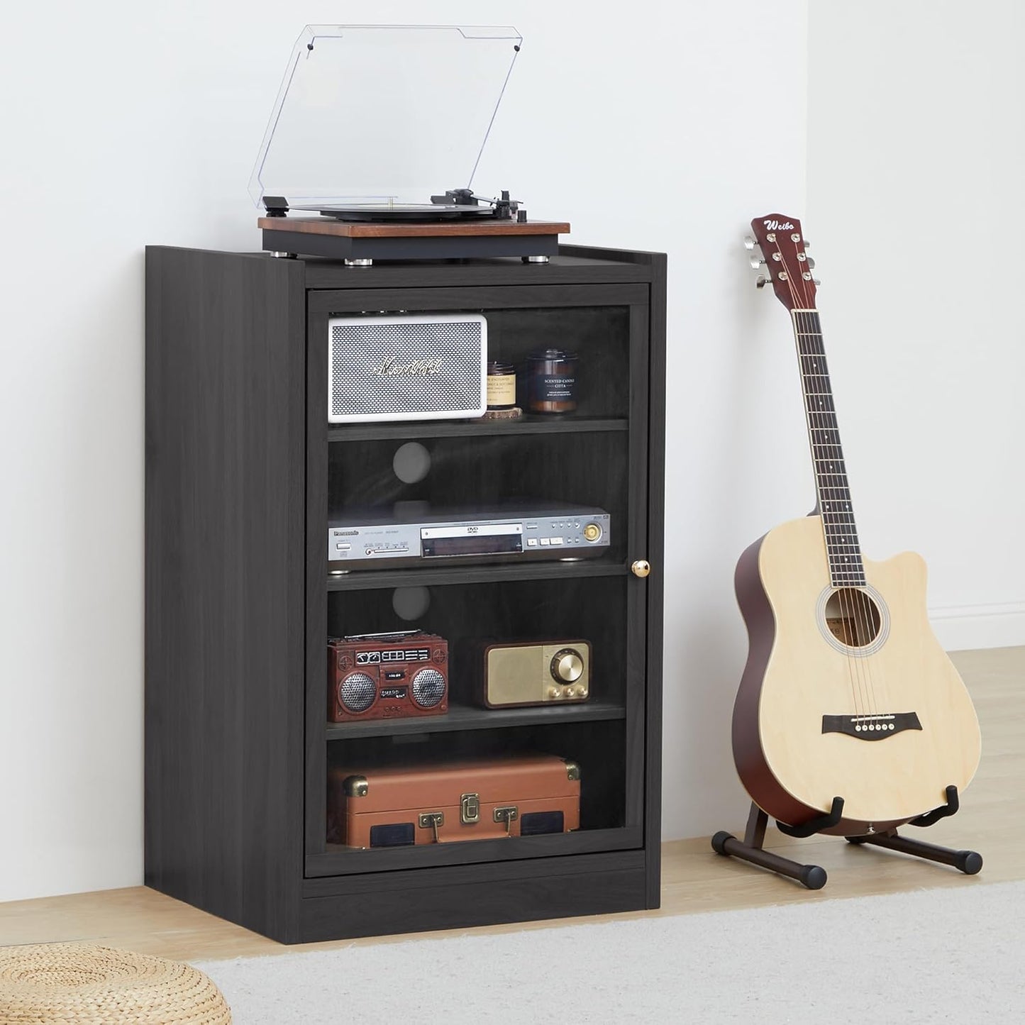 LEVNARY Media Cabinet with Door, Black 5-Tier Stereo Cabinet with Adjustable Shelves, AV Media Storage Shelf with Cable Management, Audio-Video Rack Stand for Living, Gaming, Recording Room (Black)