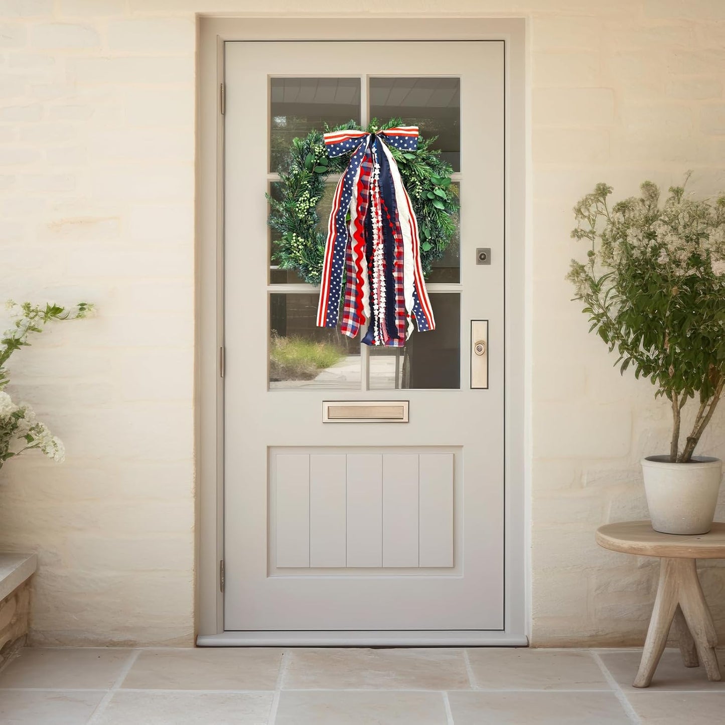 Large Patriotic Star Ribbon Bow for Wreath, Red White Buffalo Plaid Fabric Ribbons Set Assorted Lace Ribbon 4th of July Clip-On Wreath Sash Ribbons Bundle for Patriotic Indoor Outdoor Decor