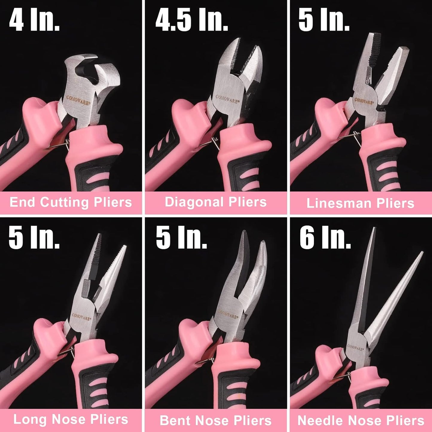 COMOWARE 6-Piece Mini Pliers Set, Needle Nose, Long Nose, Bent Nose, Diagonal, End Cutting and Linesman, for Crafts Work, Electronic Repair, with Pink Pouch
