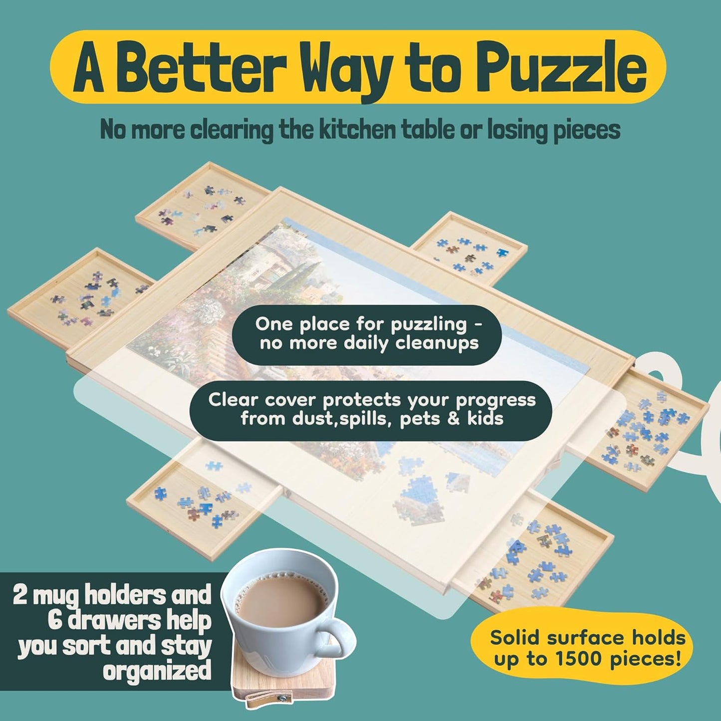 Gondola 1500 Pieces Puzzle Board with Mug Holders, 6 Drawers and Cover, Sturdy Jigsaw Puzzle Table Tray, 26"x35" Portable Wooden Jigsaw Puzzles Accessories, Jig Saw Home Holder Organizer Boards