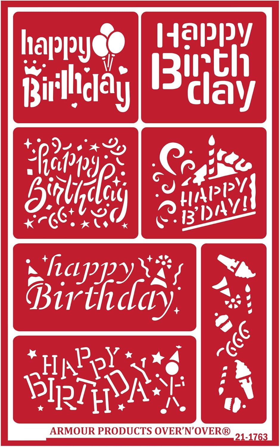 Over'N'Over Reusable Glass Etching Stencils – Durable Self-Stick Designs for Glass, Mirrors, and Ceramics with Armour Etch Cream – 5” x 8” Stencil Sheet - Happy Birthday