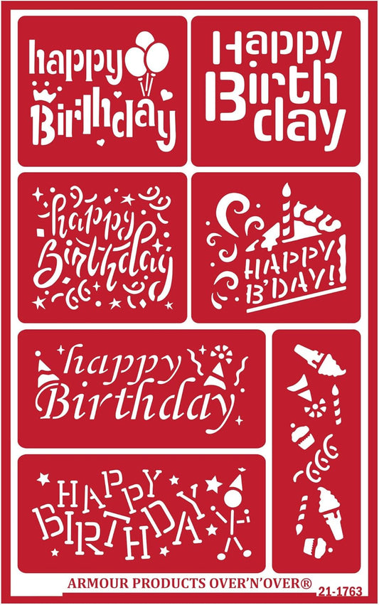 Over'N'Over Reusable Glass Etching Stencils – Durable Self-Stick Designs for Glass, Mirrors, and Ceramics with Armour Etch Cream – 5” x 8” Stencil Sheet - Happy Birthday