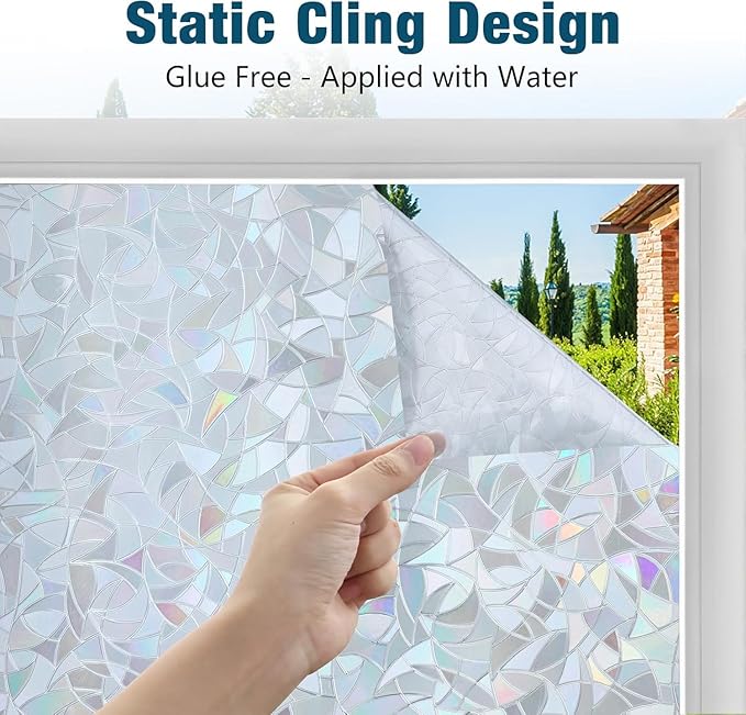 rabbitgoo Window Privacy Film Rainbow Film Decorative Window Sticker, 3D Static Stained Glass Cling Tint for Home Heat Control Non-Adhesive, Grayish Silver, 17.5 x 78.7 inches