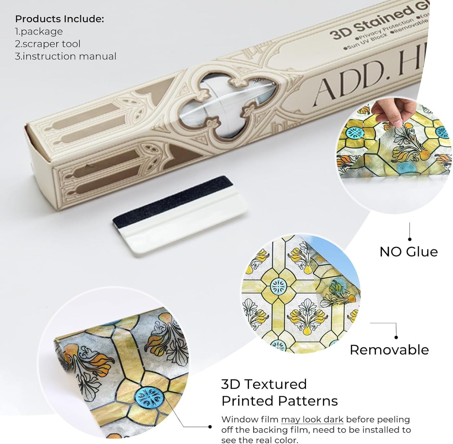 3D Stained Glass Window Film, Decorative Window Privacy Film for Bathroom,Front Door,Home, Sun Blocking Heat Control,Static Cling,23.6inch x 35.4inch Gilt Glazed Flowers